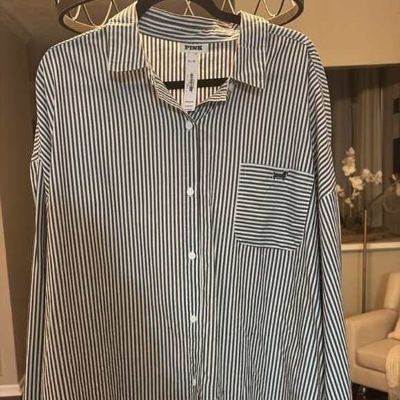 VS PINK Button Down Shirt Striped Lightweight Business Casual Tops LongSleeve XL - Picture 2 of 4